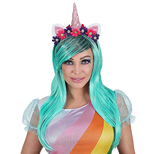 Widmann Srl Parrucca Unicorno Azzurra Con Corno Orecchie Fiori Da Donna Adulti, Multicolore, Wdm46942