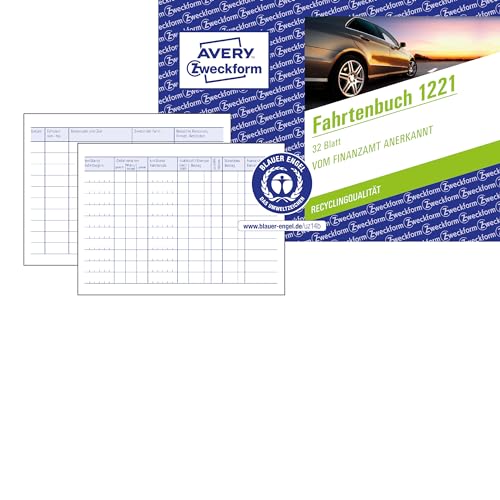 Avery Zweckform 1221 - Registro Di Viaggio Per Autovetture (Riconosciuto Dall'Ufficio Finanziario, Formato A6 Orizzontale, Carta Riciclata, 100% Con A