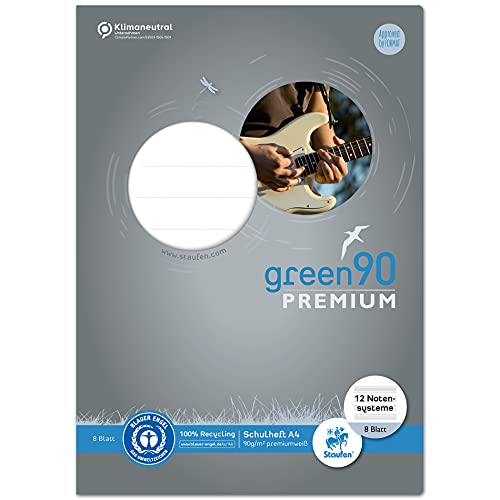 Staufen 040790014 - Quaderno Di Emergenza Verde, Din A4, 12 Sistemi Di Spartiti, 8 Fogli, Carta Riciclata Da 90 G/M², Angoli Arrotondati Per Evitare L