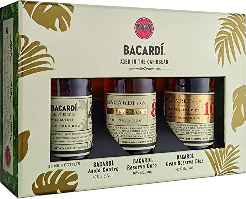 Bacardi Rum Discovery Pack, Confezione Regalo, Contiene 1X Bacardi Rum Cuatro 10 Cl, 1X Bacardi Rum Ocho 10 Cl, 1X Bacardi Rum Diez 10 Cl, Totale 30 C