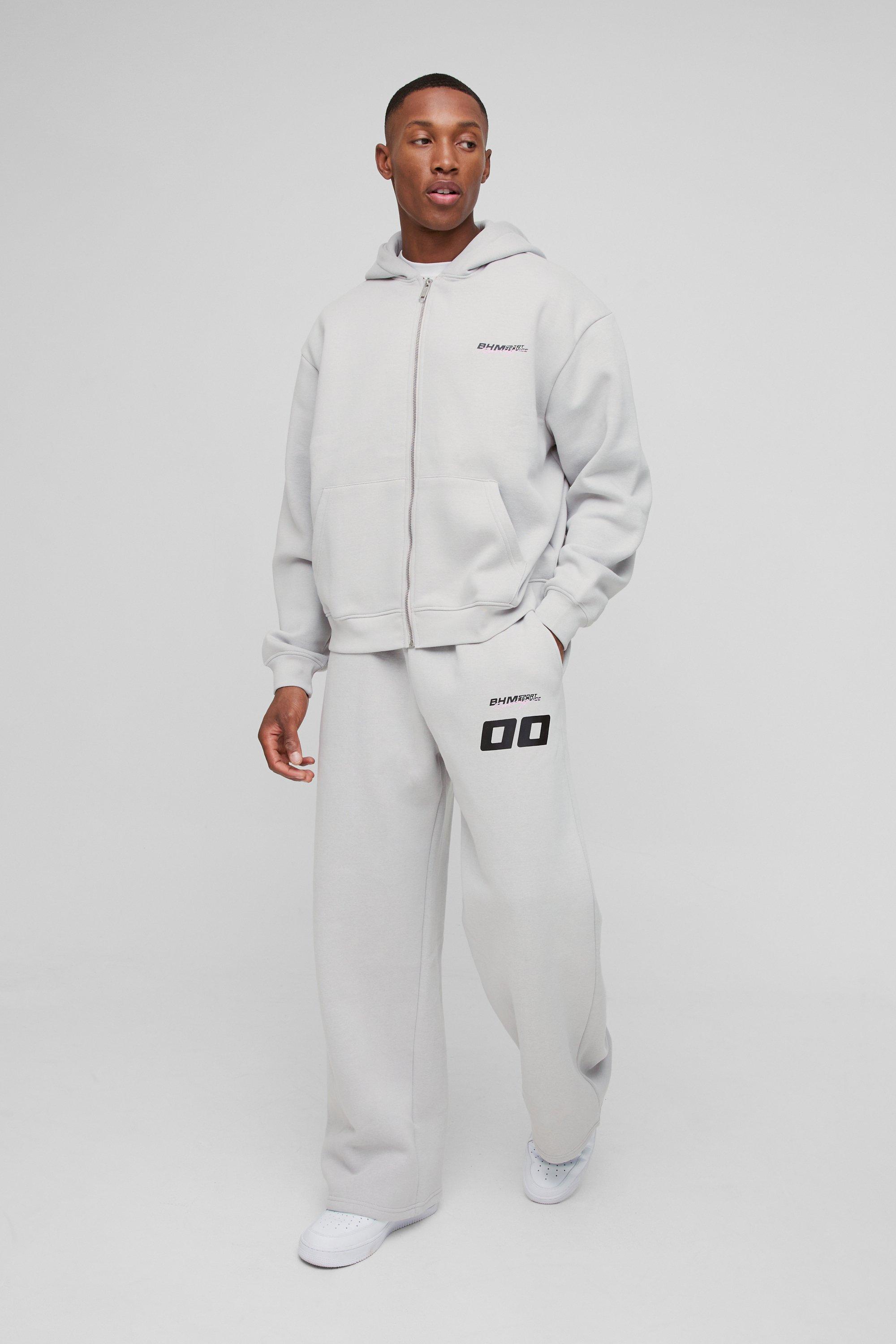 Tuta sportiva con stampa di moto e pantaloni tuta con zip, Grigio