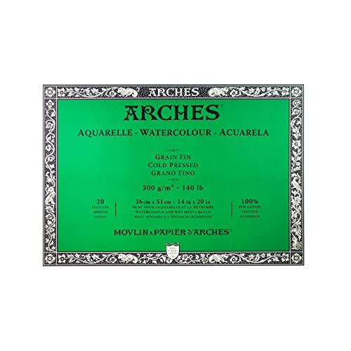 Arches Blocco Per Acquerello Incollato 4 Lati (20 Fogli) - Grana Fina - 300 G/Mq - 36X51 Cm