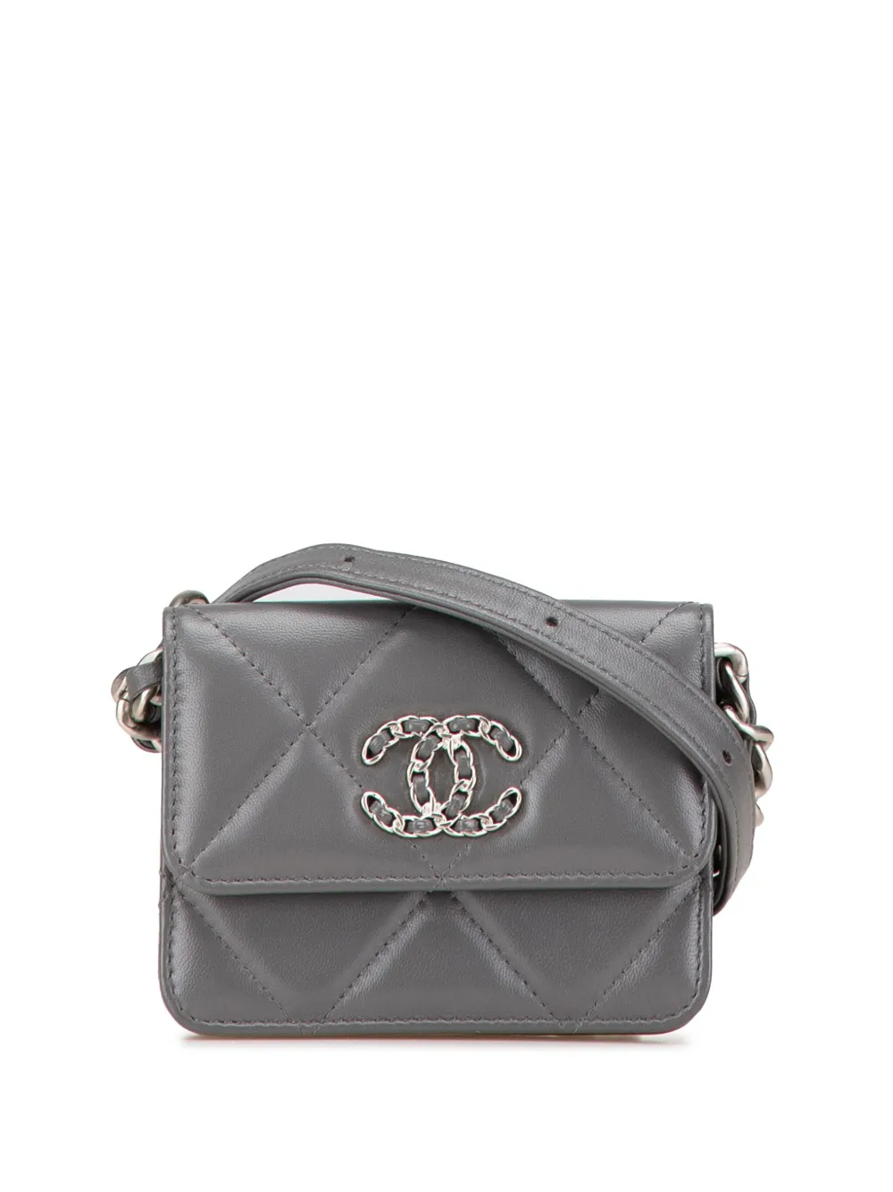 CHANEL Pre-Owned 2021-2024 Lambskin 19 Flap Coin Purse With Chain crossbody bag - Grigio