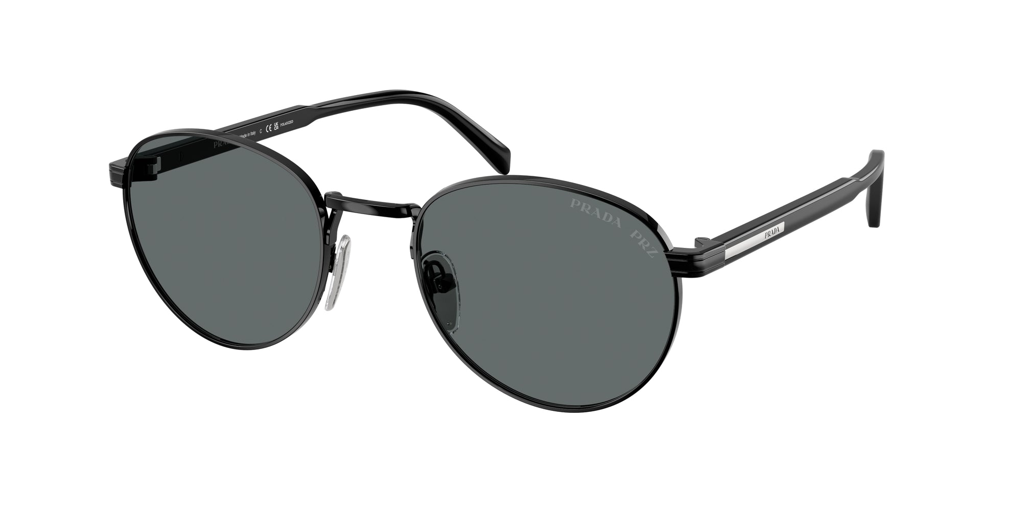 Prada Uomo Pr B51S  1Ab5Z1 Occhiali Da Sole Metallo Nero Grigio Rotonda Polarizzata