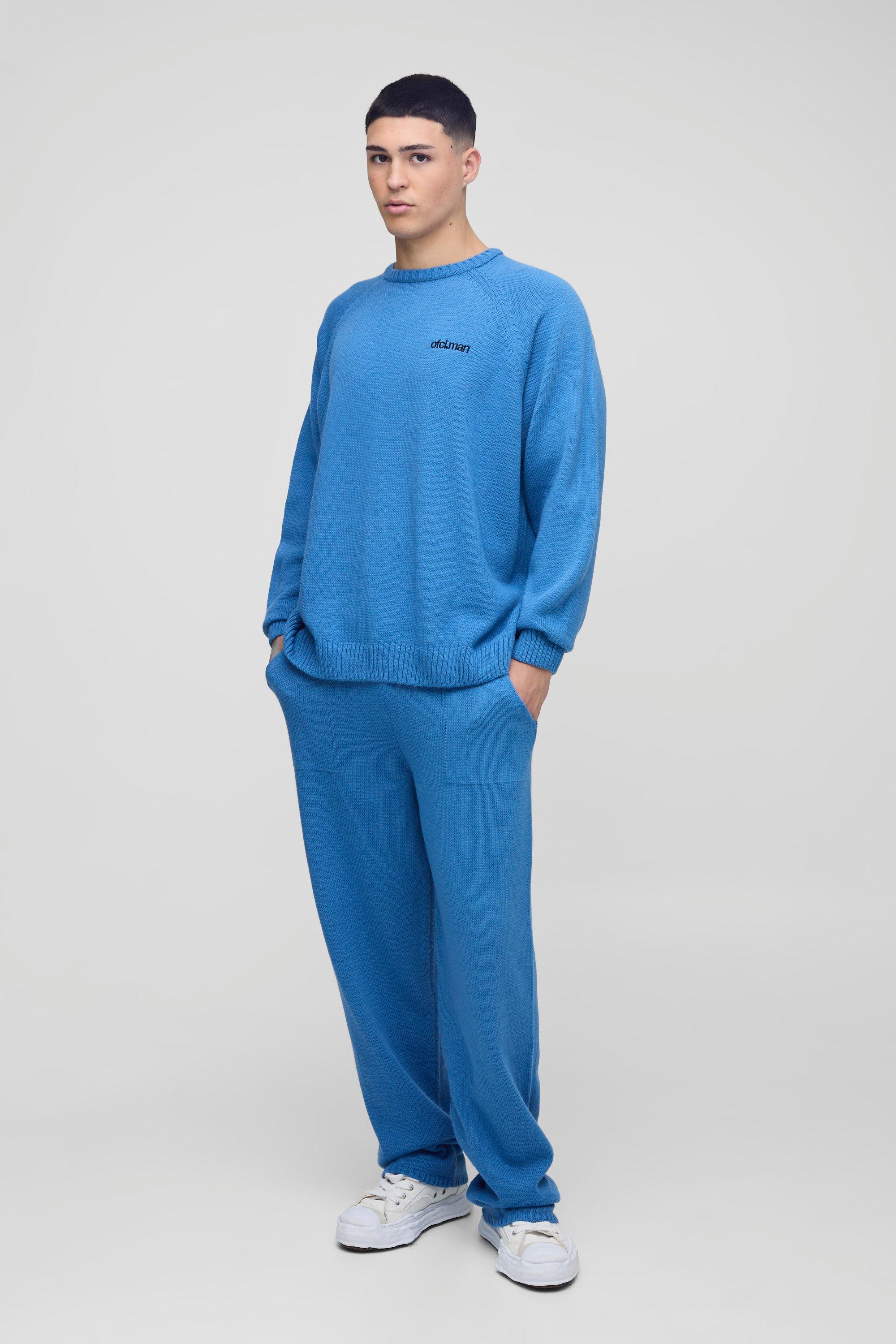 Oversized Knitted Raglan Jumper & Regular Jogger Tracksuit, Azzurro