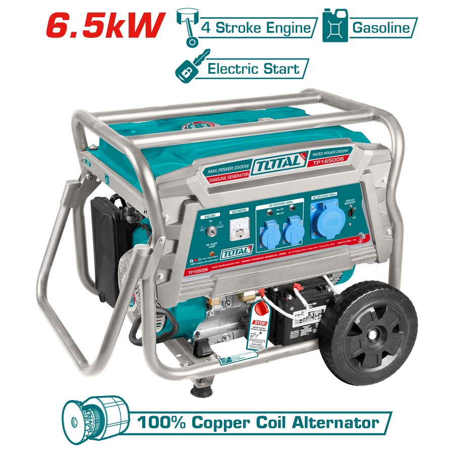 Generatore di corrente carrellato da 6,5 kw a benzina con motore 4 tempi total - tp165006
