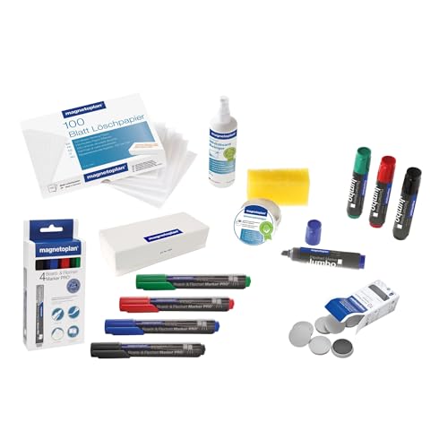 Magnetoplan - Kit Di Accessori Per Lavagna Magnetica, 4 Pennarelli Per Lavagna Bianca, 10 Punti Magnetici, 1 Lavagna Magnetica E 100 Fogli Di Carta Bl