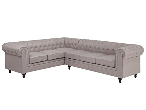 Beliani Divano Angolare In Tessuto Beige Destro Gambe In Legno Scuro A 6 Posti
