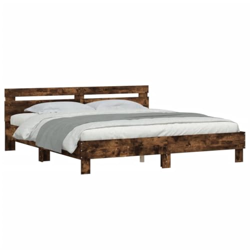 Vidaxl Cadre De Lit Avec Tête De Lit Et Led, Lit Double Avec Sommier À Lattes, Lit Adulte De Chambre, Chêne Fumé 160X200 Cm Bois D'Ingénierie