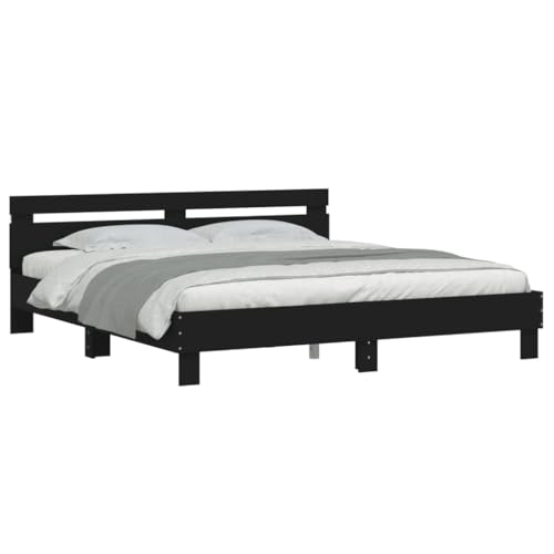 Vidaxl Cadre De Lit Avec Tête De Lit Et Led, Lit Double Avec Sommier À Lattes, Lit Adulte De Chambre, Noir 160X200 Cm Bois D'Ingénierie