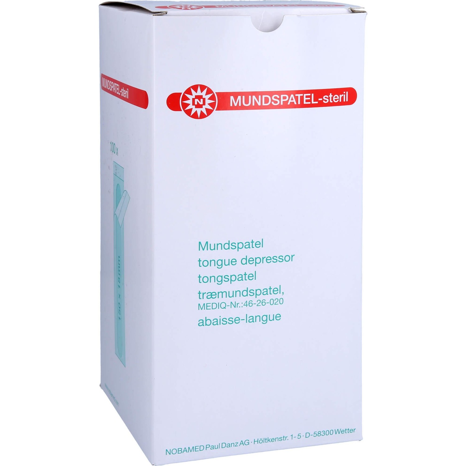 Nobamed, Praxisbedarf, Mundspatel Holz 150x18mm steril Box 100 Stk
