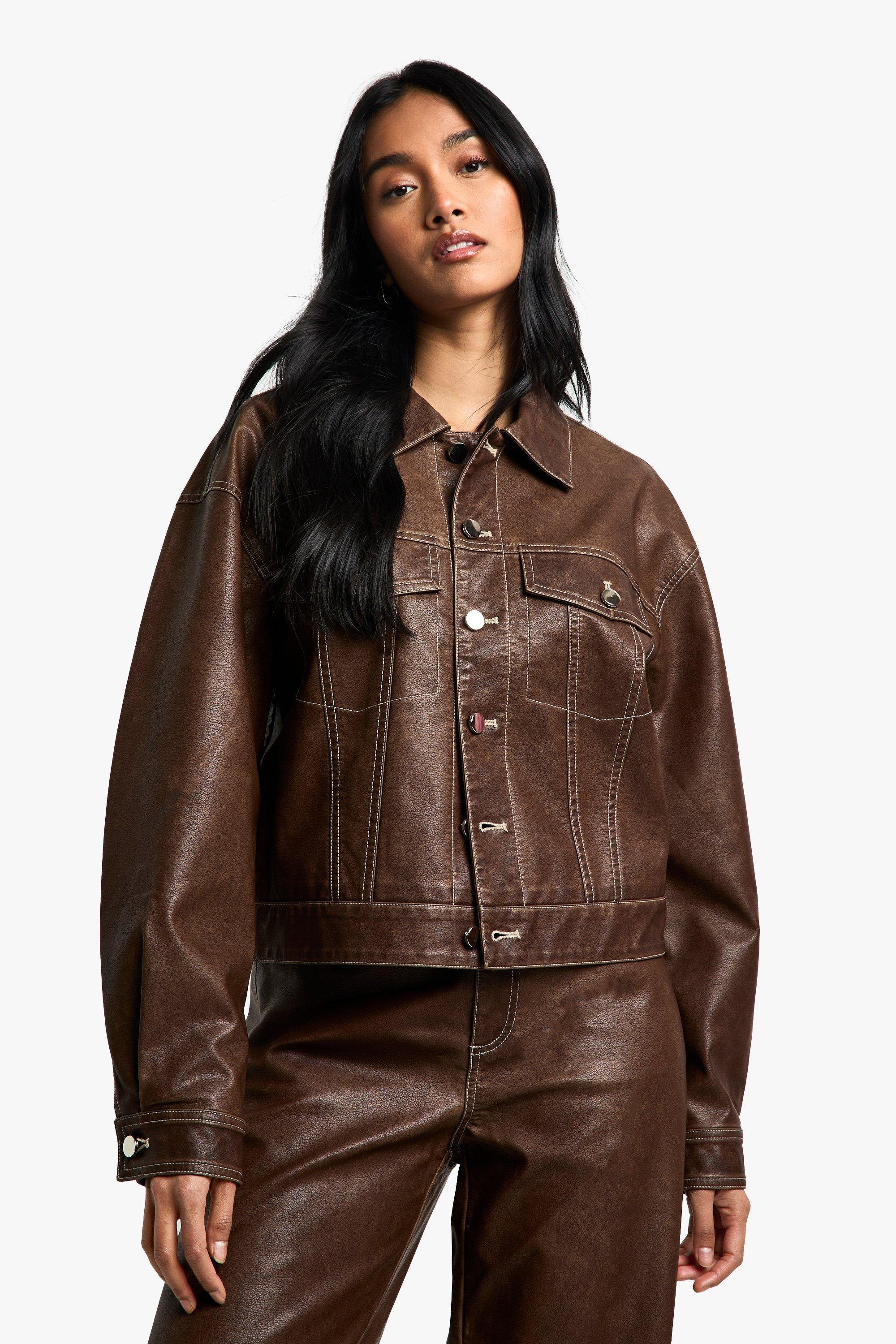 Giacca in pelle sintetica effetto vintage, Brown