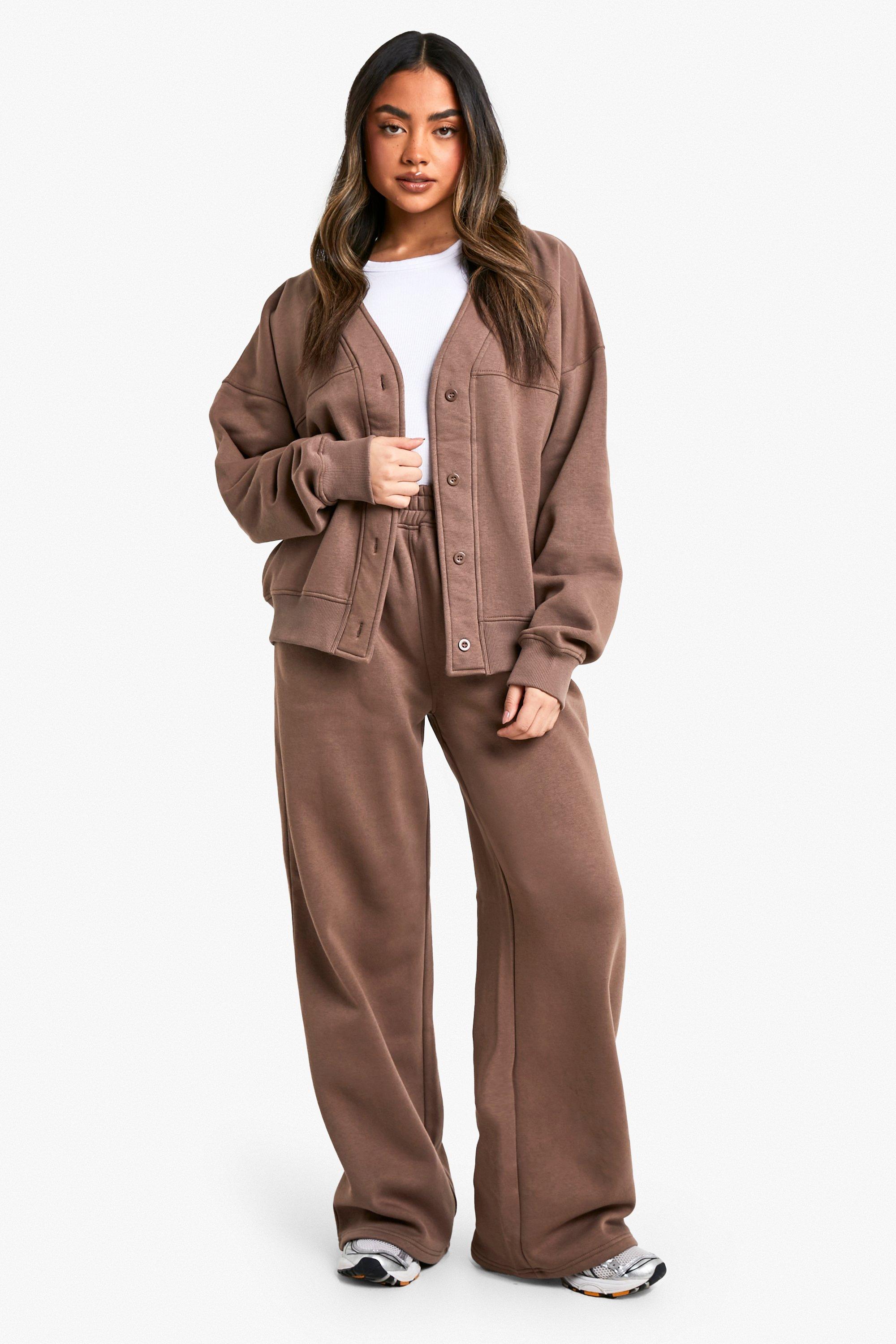 Tuta sportiva felpata con cardigan con bottoni & joggers dritti, Beige