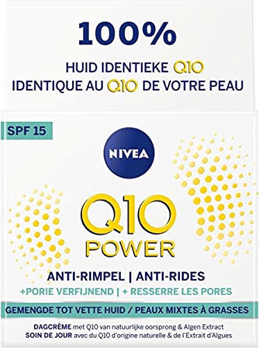 Nivea Q10 Power Antirughe + Rassodante Per La Cura Quotidiana Dei Pori Per La Pelle Più Giovane, Crema Giorno Con Spf 15, 50 Ml