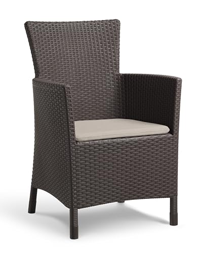 Keter Iowa - Poltrona Da Giardino Per Esterni E Interni, Con Cuscino Incluso, In Resina Con Finitura In Rattan Piatto, Colore Marrone