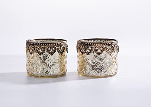 Jinfa Set Da 2 Portacandele Decorativi Vasetti Per Candele Vetro | Cilindrico Oro | Ø10Cm, H9Cm