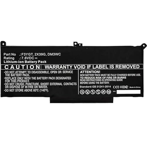 Coreparts Laptop Battery For Dell 62Wh 4 Cells Li-Po 7.6V, F3Ygt, 2X39G, Dm3Wc, Myj96, 0Myj96, (62Wh 4 Cells Li-Po 7.6V 8200Mah Black, Dell Latitude 1