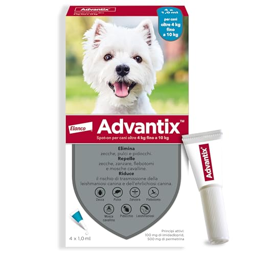 Advantix® Spot-On Antiparassitario Per Cani Da 4 Kg Fino A 10 Kg, 4 Pipette Da 1 Ml. Elimina Zecche, Pulci, Pidocchi In Casa. Protegge Da Zanzare, Pap