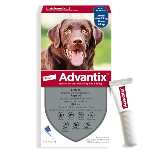 Advantix® Spot-On Antiparassitario Per Cani Da 25 Kg A 40 Kg, 4 Pipette Da 4,0 Ml. Elimina Zecche, Pulci, Pidocchi In Casa. Protegge Da Zanzare, Pappa