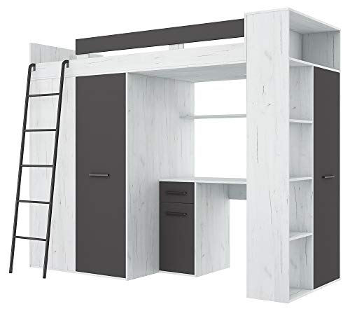 Bim Furniture - Letto A Soppalco Entresole Verana L, Letto 190 X 90 Cm, Con Scale, Armadio, Scaffali, Mobili Per Bambini, Lato Sinistro