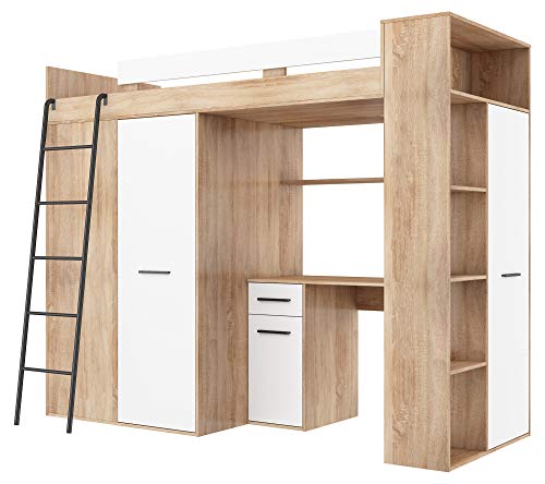 Bim Furniture - Letto A Soppalco Entresole Verana L, Letto 190 X 90 Cm, Con Scale, Armadio, Scaffali, Mobili Per Bambini, Lato Sinistro