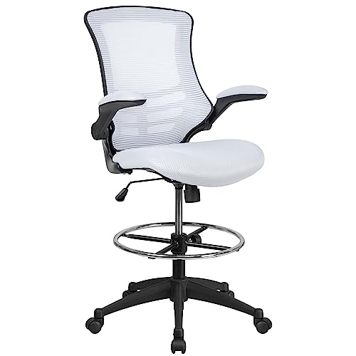 Flash Furniture Kelista Sedia Da Disegno Ergonomica Con Schienale Medio In Rete Bianca | Anello Per I Piedi Regolabile, Braccioli Ribaltabili | Comfor