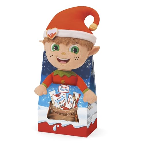 Kinder Mix Peluche - 11 Snack Dolci Al Cioccolato Assortiti, Box Speciale Con Il Peluche Natalizio Di Elfo Alfio, Idea Regalo, Confezione Da 133 Gr