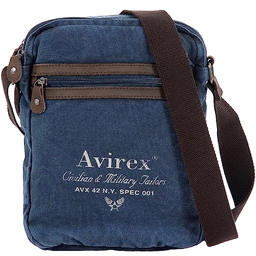 Avirex Borsello A Tracolla In Canvas E Pelle Bovina Anticata, Borsa A Tracolla Uomo In Stile Militare, Collezione 140506 Cnv0H, Blue Navy