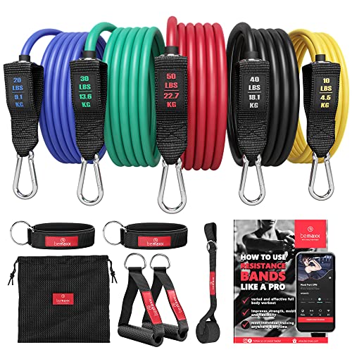 Set Di Fasce Di Resistenza + Piano Allenamenti - Kit Elastici: 5 Bande Elastiche Lattice, Maniglie, Cinghie Per Caviglie + Ancoraggio, Gancio Da Porta