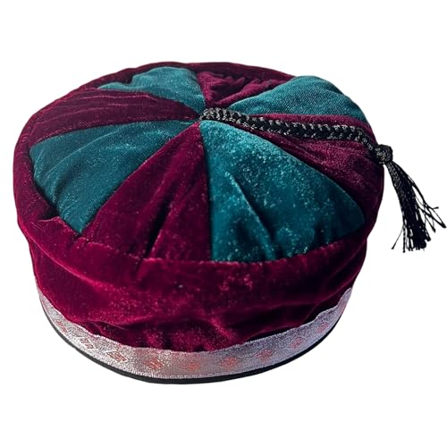 Dimensioni 58 Cm, Cappello Da Fumo In Velluto Nepalese Marrone E Verde Intenso Con Design Tradizionale Tibetano, Leggero, Design Elegante, Rosso E Ver