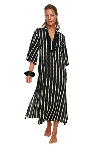 Trendyol Gestreifter Quaste Detaillierter Voile Kimono & Kaftan Caftano Nappe A Righe, Black, Large Da Donna