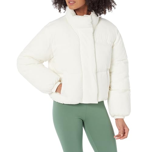 Amazon Essentials Piumino Corto Con Cerniera A Tutta Lunghezza (Pile Trapuntato Opaco O Sherpa) Donna, Bianco Guscio D'Uovo, Xxl