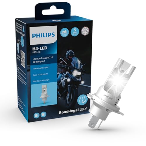 Philips Ultinon Pro6000 Boost Gen2 Direct-Fit Moto H4-Led, Lampadina Led Omologata*, Fino Al 300% Di Luminosità In Più**, 5.800K