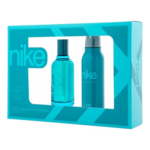Nike - Turquoise Vibes, Profumo 100 Ml + Deodorante Uomo Spray 200 Ml, Astuccio Regalo Uomo, Confezione Nike 2 Pezzi, Maschio, Fresco E Fruttato, Colo