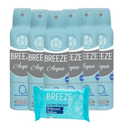 Breeze Acqua Deodorante Zero Macchie Con Note Marine E Talco Spray 48H 150 Ml In Omaggio Un Pezzo Breeze Salviette Detergenti Multiuso