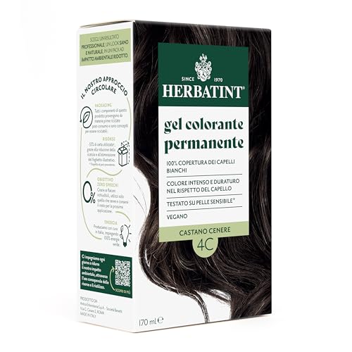 Herbatint Gel Colorante Permanente Per Capelli 4C Castano Cenere - 170 Ml | Senza Ammoniaca, 100% Copertura Capelli Bianchi | Per Pelli Sensibili, Con