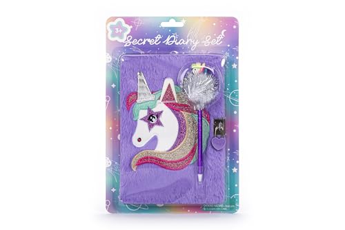 Tri-Coastal Design - Set Cancelleria, Diario Segreto Bambina Con Lucchetto, Penna Con Pouf, 80 Pagine A Righe, Copertina Pelosa Con Fantasia Unicorno,