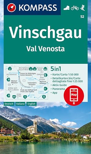 Carta Escursionistica Kom 52 Vinschgau/ Val Venosta: 5In1 Wanderkarte Mit Aktiv Guide, Detailkarten Und Panorama Inklusive Karte Zur Offline Verwendun