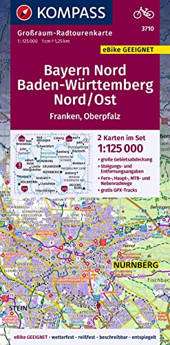 Kompass Großraum-Radtourenkarte 3710 Bayern Nord, Baden-Württemberg Nord/Ost 1:125.000: 2 Karten Im Set, Reiß- Und Wetterfest, Gpx-Daten Zum Download