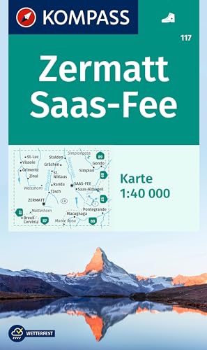 Kompass Wanderkarte 117 Zermatt, Saas-Fee 1:40.000: Markierte Wanderwege, Hütten