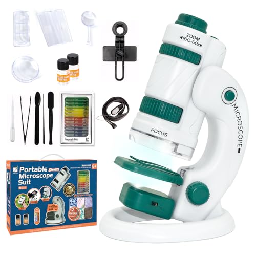 Todeco Microscopio Bambini, 60X-180X Microscopio, Microscopio Portatile Da Tavolo 2 In 1 Che, Con Illuminazione Led Con 4 Vetrini, 12 Vetrini Campione