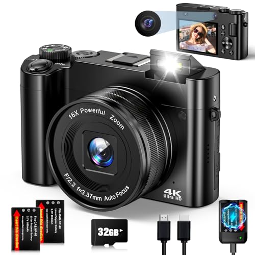 Fotocamera Digitale 4K Macchina Fotografica Digitale Autofocus 64Mp Fotocamera Compatta Con Doppio Obiettivo, Zoom 16X, Anti-Shake, Scheda 32Gb, 2 Bat