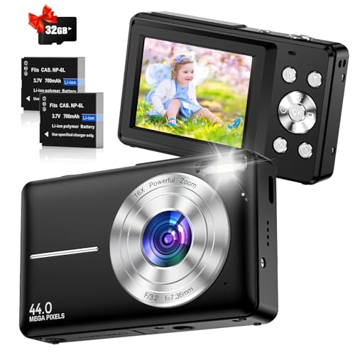 Macchina Fotografica Digitale Fotocamera Digitale Compatte 1080P 44Mp, Fotocamera Compatta Con Zoom 16X, Scheda 32Gb, 2 Batterie Macchina Fotografica