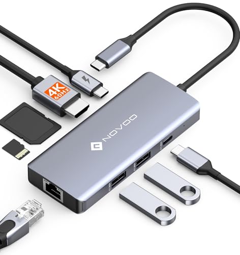 Novoo Usb C Hub 4K@60Hz Hdmi Gigabit Ethernet 8-In-1 Usb C Multiport Adapter With Pd 100W, 2 Usb-A, 1 Usb-C Data Port, Sd&Tf Docking Station For Iphon