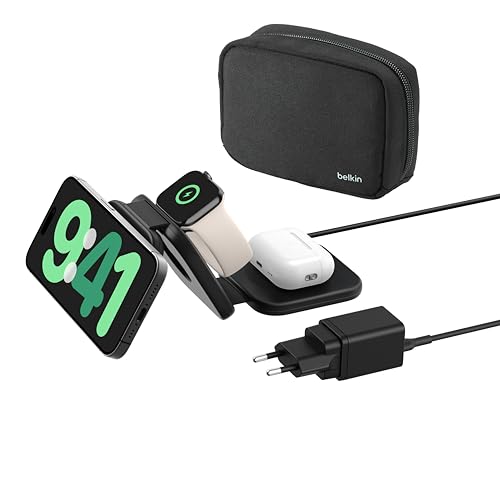 Belkin Boostcharge Pro Caricabatteria Wireless Pieghevole Da Viaggio 3 In 1 Con Qi2 Da 15 W, Tappetino Di Ricarica Wireless Magsafe, Caricatore Portat