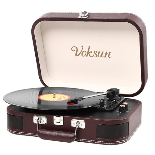 Giradischi Vinile, Voksun Giradischi Portatile Vintage Con Uscita Bluetooth Lettore Lp Vinile Con 3 Velocità, Valigia Usb, In Aux, Linea Rca, Jack Cuf