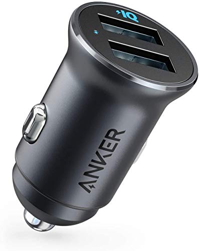 Anker Caricabatteria Auto Mini 24 W 4.8 A Doppia Usb Metallo, Adattatore Auto Powerdrive 2 Alloy Flush Fit Led Blu, Per Iphone Xr/Xs/X/8/7/6, Ipad Pro