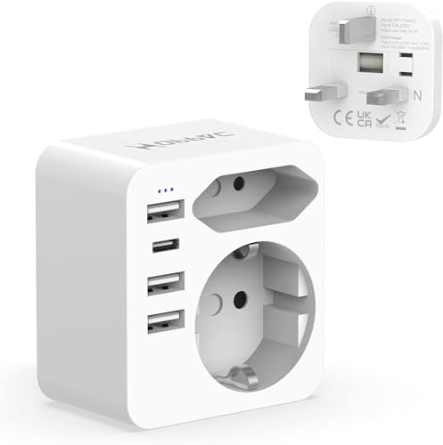 Hoppac Adattatore Presa Inglese, Adattatore Spina Inglese Con 3 Usb E 1 Usb C(3.4A,17W), Adattatore Uk Con Spina Europea E Schuko, Adattatore Di Tipo