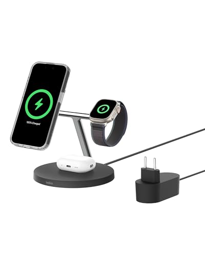 Belkin Boostcharge Caricatore 3 In 1 Con Qi2, Base Di Ricarica Wireless Compatibile Con Magsafe, Caricatore Iphone 16 Series, Apple Watch E Airpods, B
