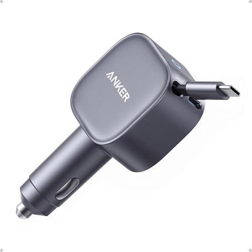 Anker Caricatore Auto Usb C 75W Max, Ultra-Compatto Tipo-C Rapido Per Auto Con Cavo A Scomparsa Integrato, Adattatore Per Auto Per Iphone 16/15/14 Ser